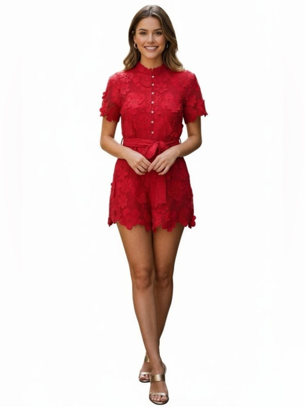 J. Marie Floral Lace Short-Sleeve Romper with Waist Tie